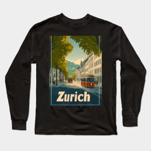 This vibrant travel poster showcases Zurichs classic architecture and picturesque streets, featuring red trams weaving through a lively Long Sleeve T-Shirt